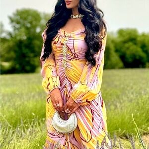 Elegant Yellow and lavender satin Women's pleated rhinestone maxi dress